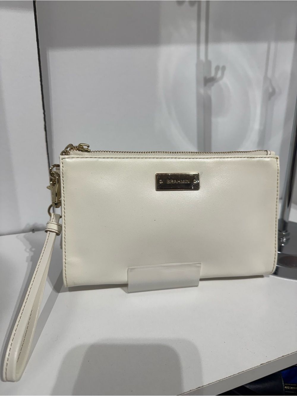 Brahmin Millie Cream Leather Wristlet Clutch with Gold Hardware